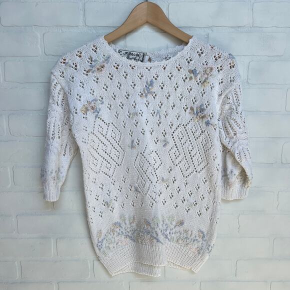 Needleworks 1989 80's Vintage Cotton Embroidered Short Sleeve Sweater- sz S - Picture 1 of 7